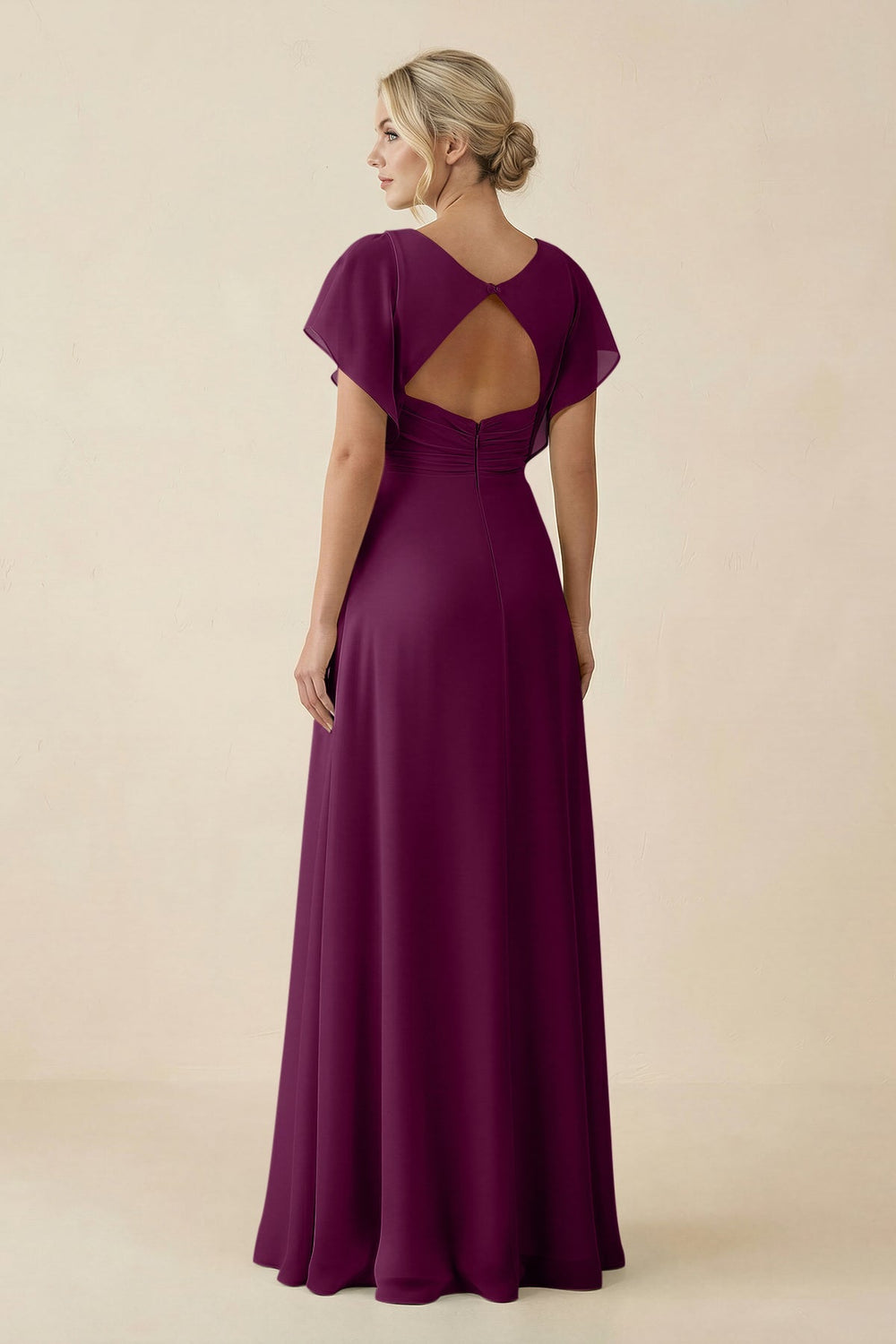 V - Neck Cap Sleeve Chiffon Bridesmaid Dress with Cut - out Back in Fig - SHE IS ME Bridesmaid Dresses