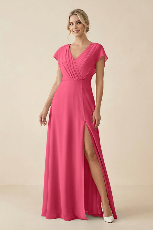 V - Neck Cap Sleeve Chiffon Bridesmaid Dress with Cut - out Back in Fuchsia - SHE IS ME Bridesmaid Dresses