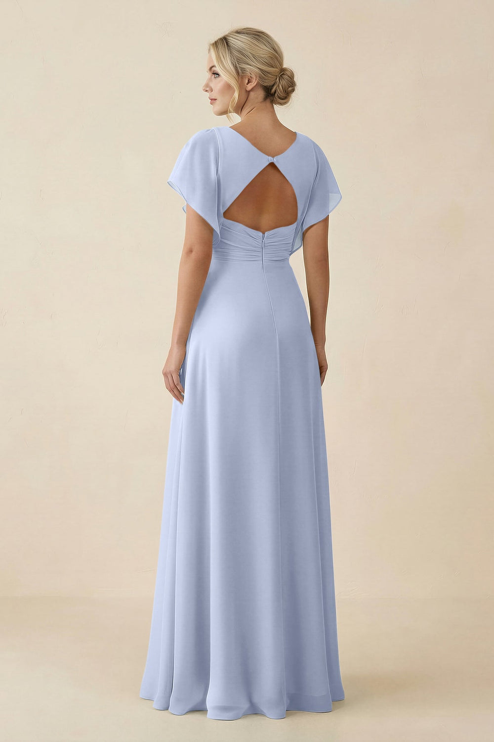 V - Neck Cap Sleeve Chiffon Bridesmaid Dress with Cut - out Back in Ice - SHE IS ME Bridesmaid Dresses