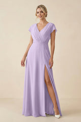 V - Neck Cap Sleeve Chiffon Bridesmaid Dress with Cut - out Back in Lavender - KISS BRIDAL Bridesmaid Dresses