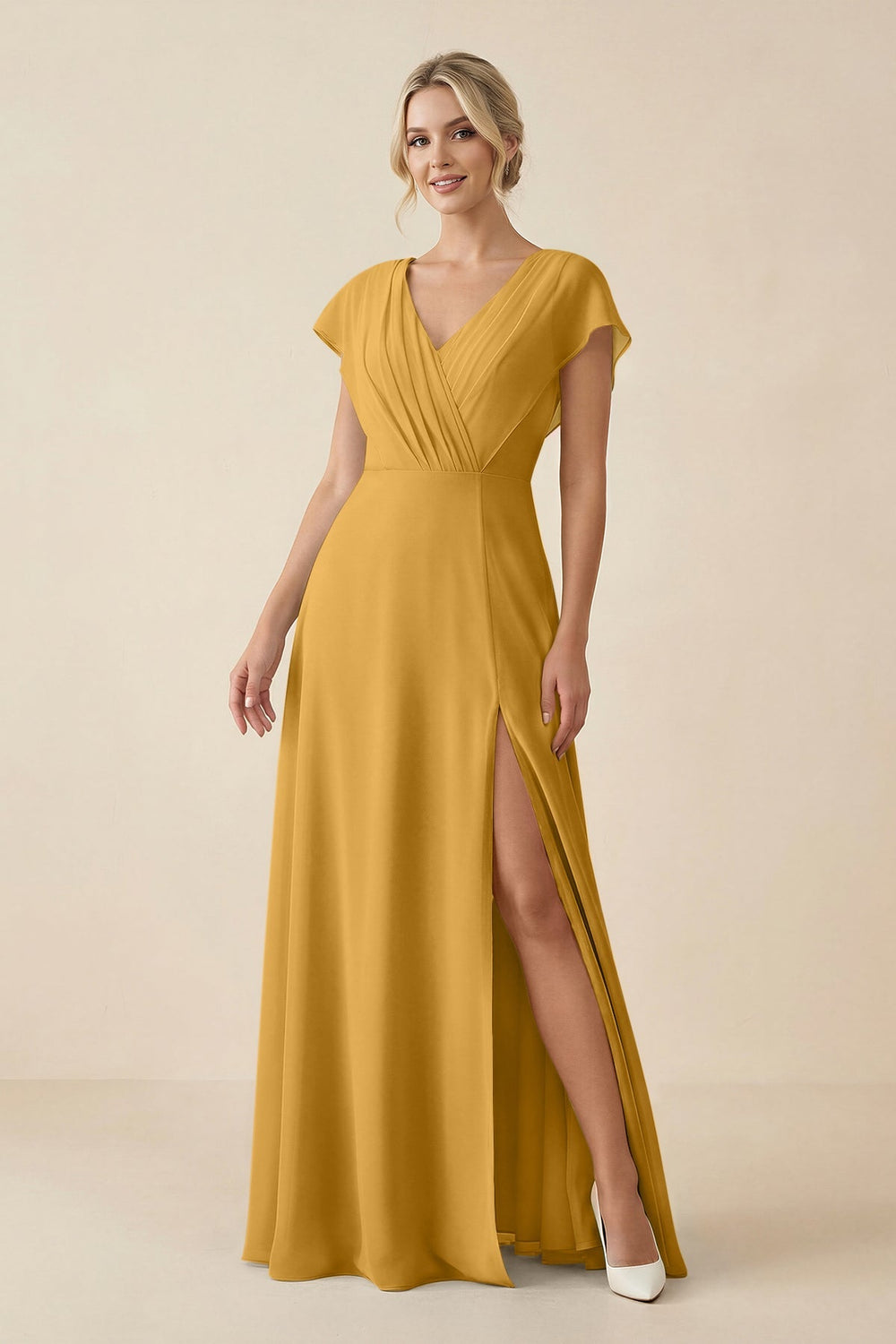 V - Neck Cap Sleeve Chiffon Bridesmaid Dress with Cut - out Back in Marigold - SHE IS ME Bridesmaid Dresses