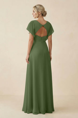 V-Neck Cap Sleeve Chiffon Bridesmaid Dress with Cut-out Back in Moss (2) | KISSBRIDAL