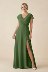V - Neck Cap Sleeve Chiffon Bridesmaid Dress with Cut - out Back in Moss - KISS BRIDAL Bridesmaid Dresses