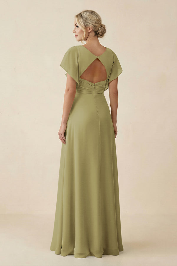 V-Neck Cap Sleeve Chiffon Bridesmaid Dress with Cut-out Back in Moss Green (2) | KISSBRIDAL