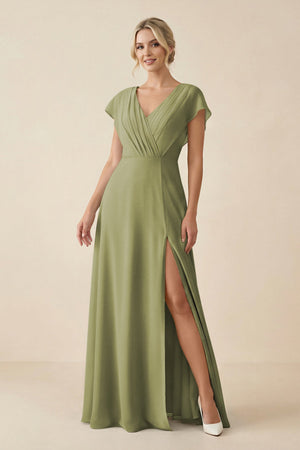V - Neck Cap Sleeve Chiffon Bridesmaid Dress with Cut - out Back in Moss Green - SHE IS ME Bridesmaid Dresses