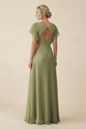 V - Neck Cap Sleeve Chiffon Bridesmaid Dress with Cut - out Back in Moss Green - SHE IS ME Bridesmaid Dresses