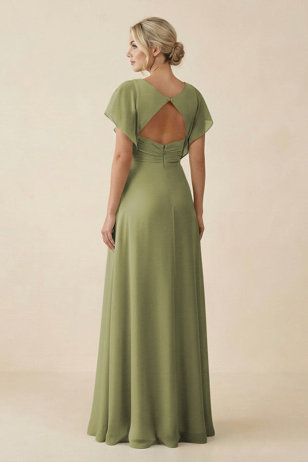 V - Neck Cap Sleeve Chiffon Bridesmaid Dress with Cut - out Back in Moss Green - SHE IS ME Bridesmaid Dresses