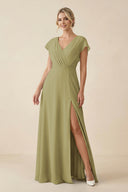 V-Neck Cap Sleeve Chiffon Bridesmaid Dress with Cut-out Back in Moss Green | KISSBRIDAL