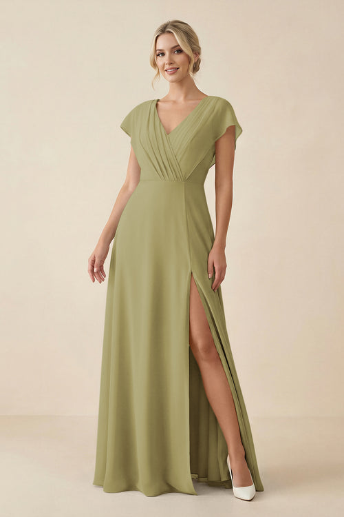 V-Neck Cap Sleeve Chiffon Bridesmaid Dress with Cut-out Back in Moss Green | KISSBRIDAL