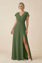 V-Neck Cap Sleeve Chiffon Bridesmaid Dress with Cut-out Back in Moss | KISSBRIDAL