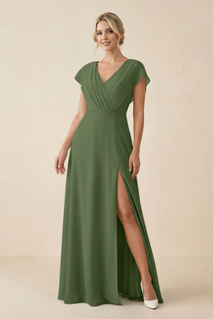 V-Neck Cap Sleeve Chiffon Bridesmaid Dress with Cut-out Back in Moss | KISSBRIDAL