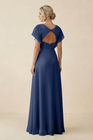V - Neck Cap Sleeve Chiffon Bridesmaid Dress with Cut - out Back in Navy - SHE IS ME Bridesmaid Dresses