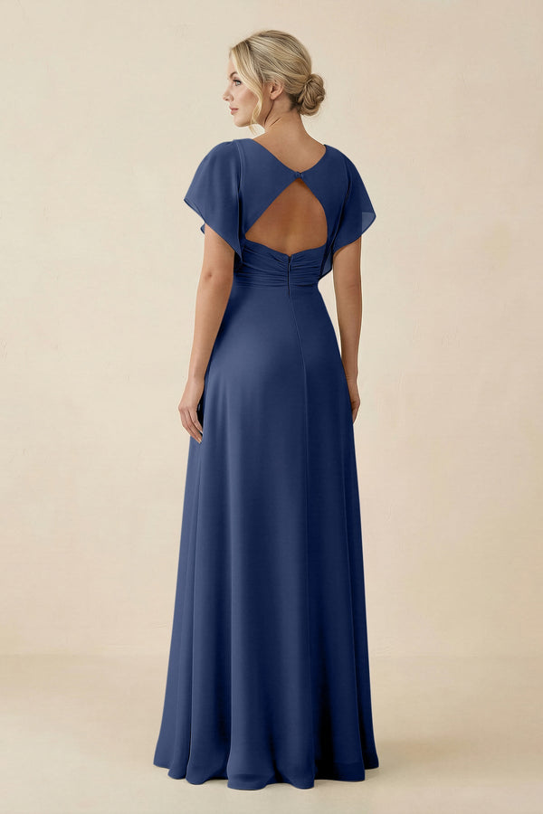 V - Neck Cap Sleeve Chiffon Bridesmaid Dress with Cut - out Back in Navy - SHE IS ME Bridesmaid Dresses