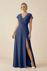 V - Neck Cap Sleeve Chiffon Bridesmaid Dress with Cut - out Back in Navy - KISS BRIDAL Bridesmaid Dresses