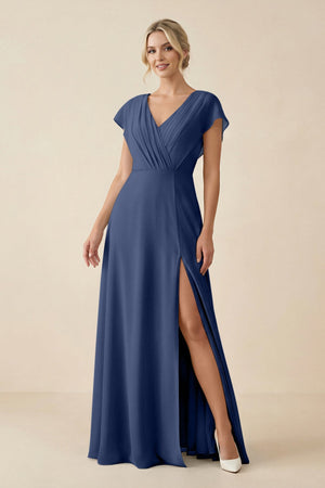 V - Neck Cap Sleeve Chiffon Bridesmaid Dress with Cut - out Back in Navy - SHE IS ME Bridesmaid Dresses