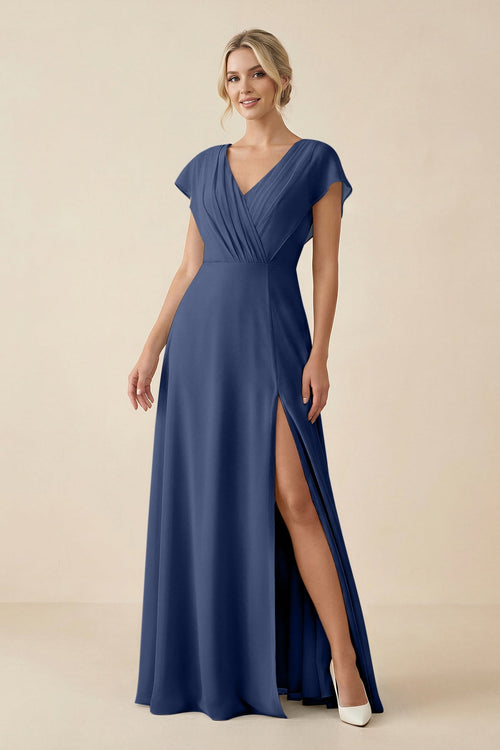 V - Neck Cap Sleeve Chiffon Bridesmaid Dress with Cut - out Back in Navy - SHE IS ME Bridesmaid Dresses