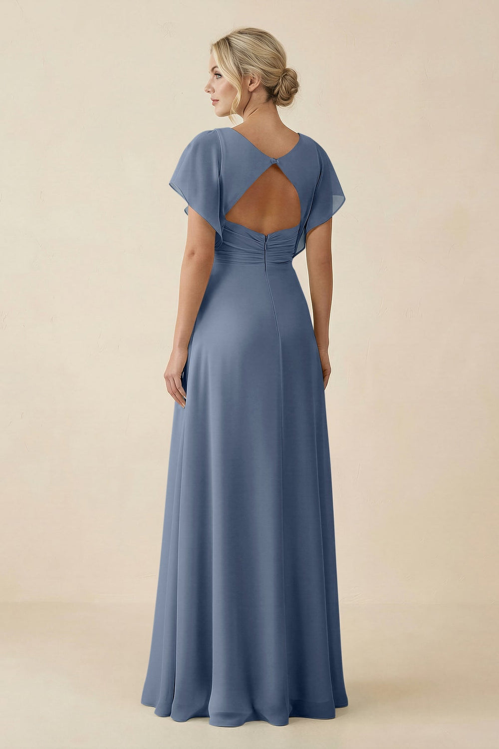 V - Neck Cap Sleeve Chiffon Bridesmaid Dress with Cut - out Back in Neptune - SHE IS ME Bridesmaid Dresses