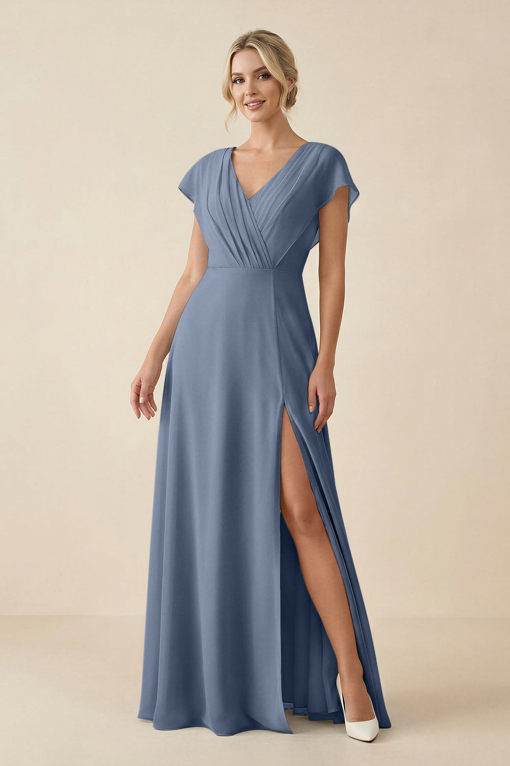 V - Neck Cap Sleeve Chiffon Bridesmaid Dress with Cut - out Back in Neptune - SHE IS ME Bridesmaid Dresses