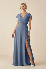 V - Neck Cap Sleeve Chiffon Bridesmaid Dress with Cut - out Back in Neptune - KISS BRIDAL Bridesmaid Dresses