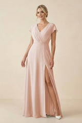 V - Neck Cap Sleeve Chiffon Bridesmaid Dress with Cut - out Back in Pale Blush - KISS BRIDAL Bridesmaid Dresses
