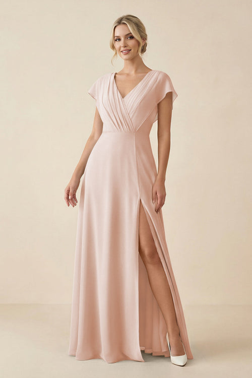V - Neck Cap Sleeve Chiffon Bridesmaid Dress with Cut - out Back in Pale Blush - SHE IS ME Bridesmaid Dresses