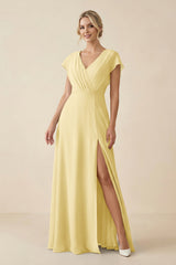 V - Neck Cap Sleeve Chiffon Bridesmaid Dress with Cut - out Back in Pastel Yellow - KISS BRIDAL Bridesmaid Dresses