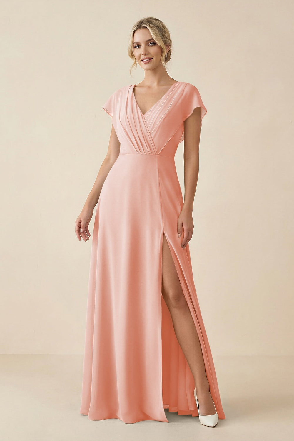 V - Neck Cap Sleeve Chiffon Bridesmaid Dress with Cut - out Back in Rose Petal - SHE IS ME Bridesmaid Dresses