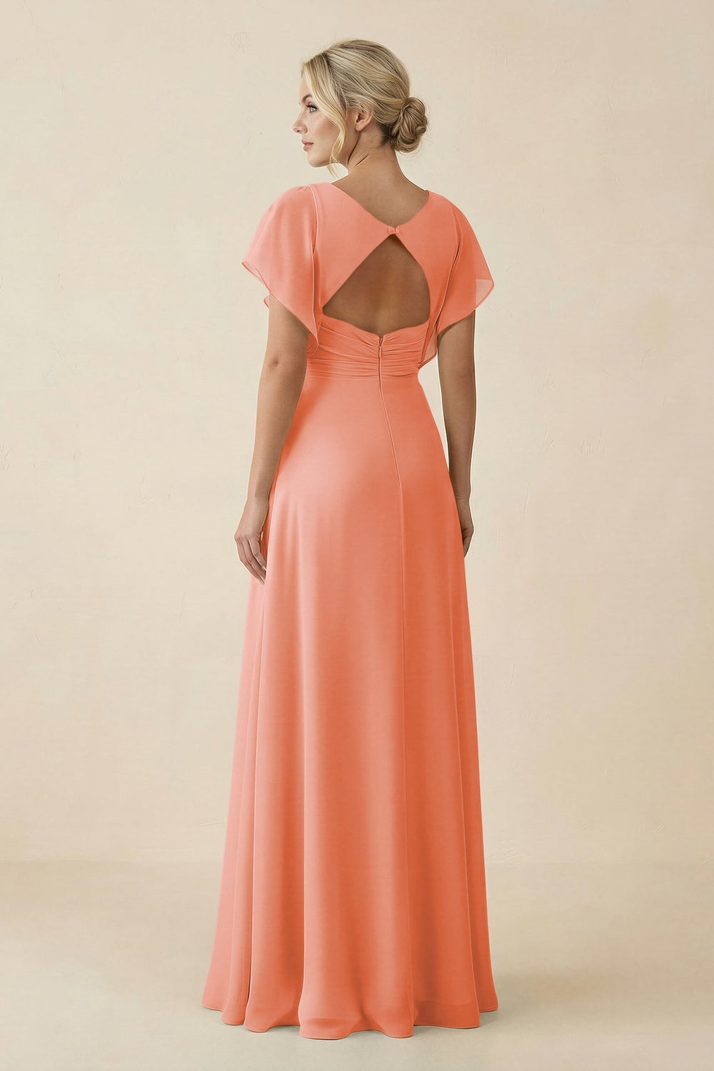 V - Neck Cap Sleeve Chiffon Bridesmaid Dress with Cut - out Back in Rosette - SHE IS ME Bridesmaid Dresses