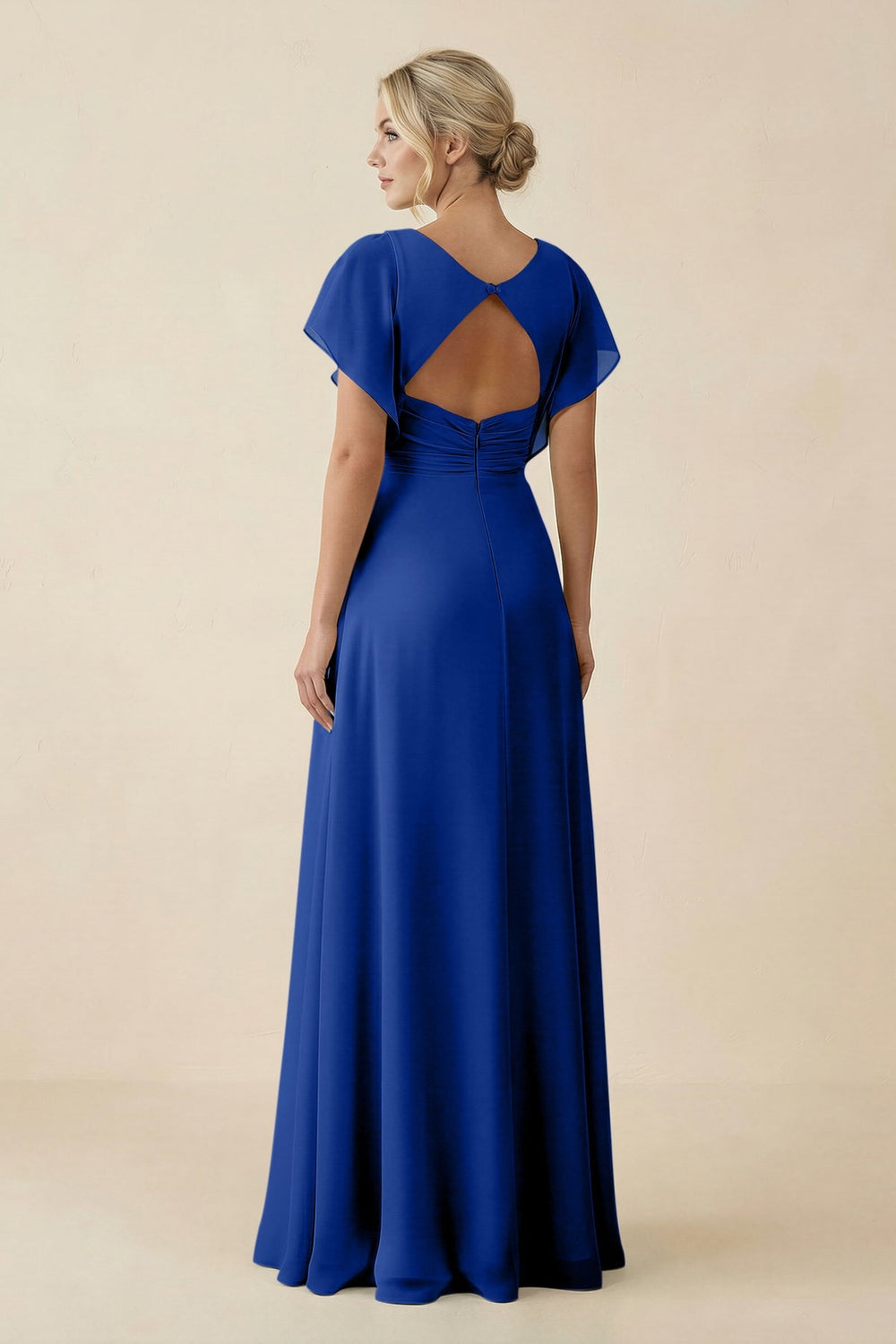 V - Neck Cap Sleeve Chiffon Bridesmaid Dress with Cut - out Back in Royal Blue - SHE IS ME Bridesmaid Dresses
