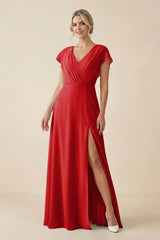 V - Neck Cap Sleeve Chiffon Bridesmaid Dress with Cut - out Back in Ruby Red - KISS BRIDAL Bridesmaid Dresses