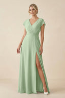 V - Neck Cap Sleeve Chiffon Bridesmaid Dress with Cut - out Back in Sage - SHE IS ME Bridesmaid Dresses