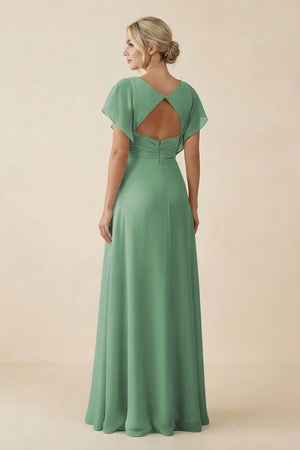 V - Neck Cap Sleeve Chiffon Bridesmaid Dress with Cut - out Back in Sea Glass - SHE IS ME Bridesmaid Dresses