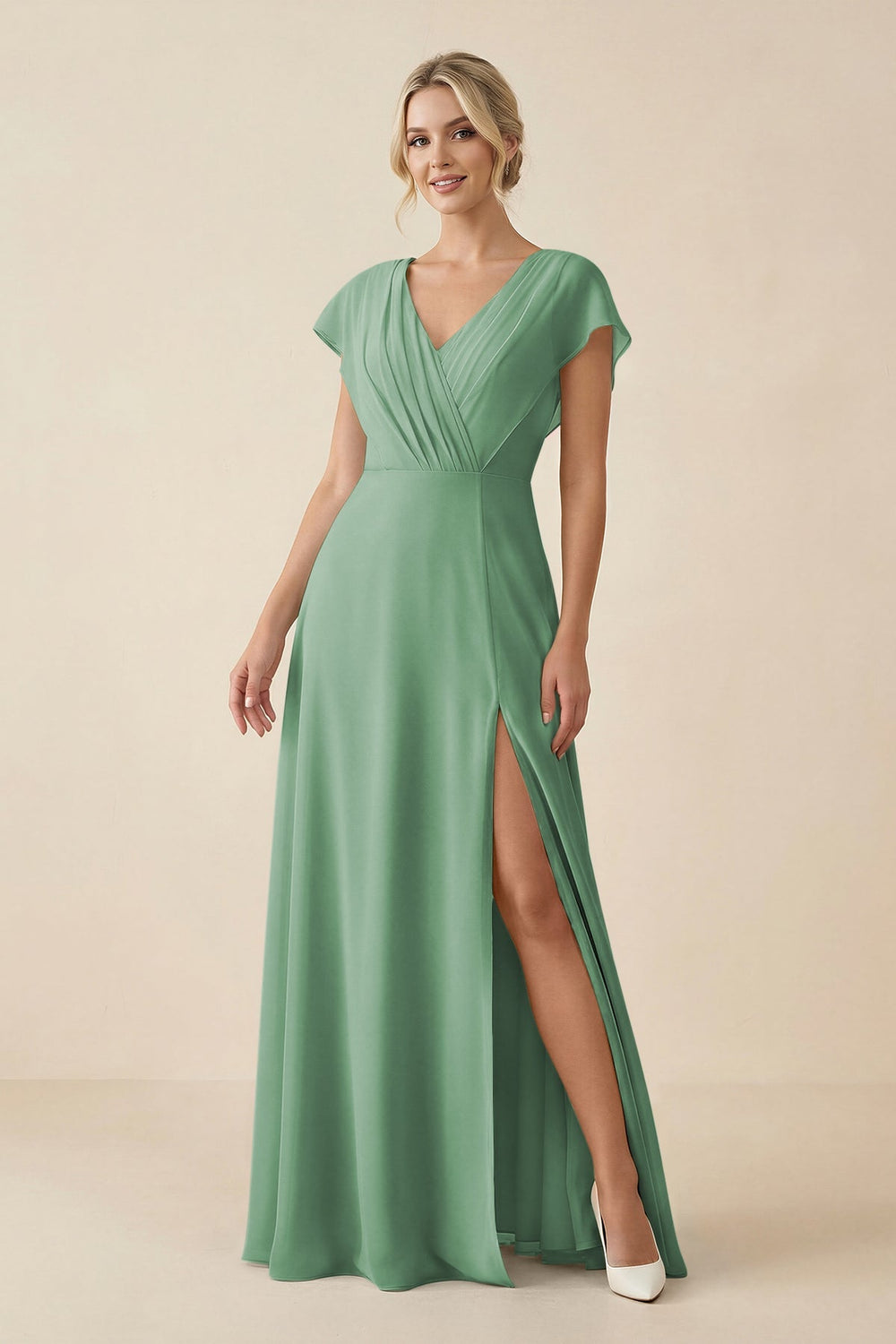 V - Neck Cap Sleeve Chiffon Bridesmaid Dress with Cut - out Back in Sea Glass - SHE IS ME Bridesmaid Dresses