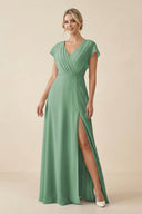 V - Neck Cap Sleeve Chiffon Bridesmaid Dress with Cut - out Back in Sea Glass - SHE IS ME Bridesmaid Dresses