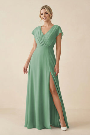 V - Neck Cap Sleeve Chiffon Bridesmaid Dress with Cut - out Back in Sea Glass - SHE IS ME Bridesmaid Dresses