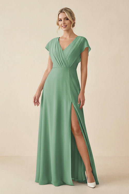 V - Neck Cap Sleeve Chiffon Bridesmaid Dress with Cut - out Back in Sea Glass - SHE IS ME Bridesmaid Dresses