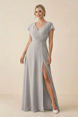 V - Neck Cap Sleeve Chiffon Bridesmaid Dress with Cut - out Back in Silver - KISS BRIDAL Bridesmaid Dresses
