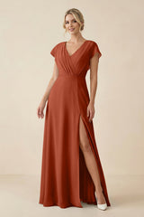 V - Neck Cap Sleeve Chiffon Bridesmaid Dress with Cut - out Back in Spice - KISS BRIDAL Bridesmaid Dresses