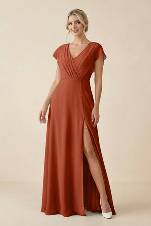 V - Neck Cap Sleeve Chiffon Bridesmaid Dress with Cut - out Back in Spice - SHE IS ME Bridesmaid Dresses