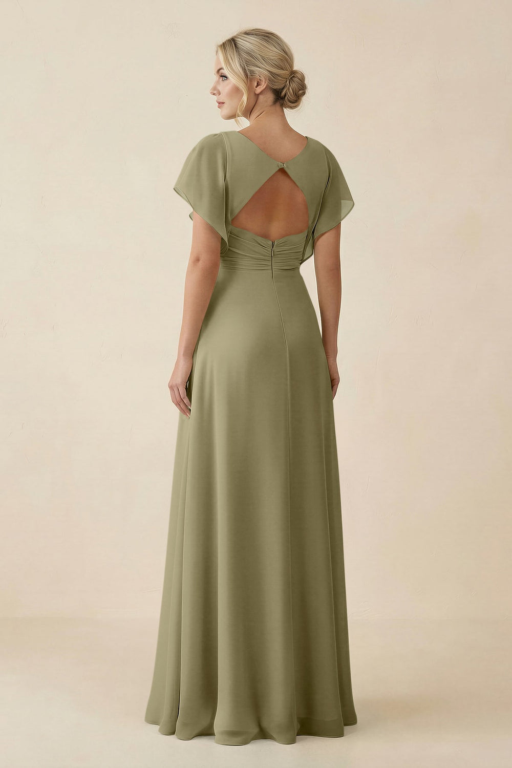 V - Neck Cap Sleeve Chiffon Bridesmaid Dress with Cut - out Back in Thyme - SHE IS ME Bridesmaid Dresses