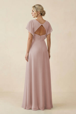 V-Neck Cap Sleeve Chiffon Bridesmaid Dress with Cut-out Back in Toffee (2) | KISSBRIDAL
