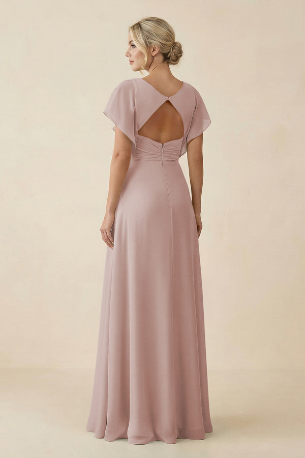V-Neck Cap Sleeve Chiffon Bridesmaid Dress with Cut-out Back in Toffee (2) | KISSBRIDAL