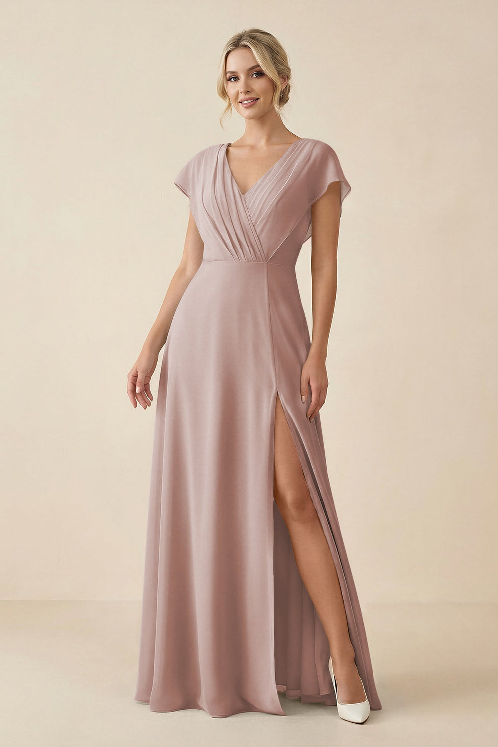 V - Neck Cap Sleeve Chiffon Bridesmaid Dress with Cut - out Back in Toffee - SHE IS ME Bridesmaid Dresses