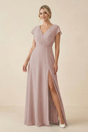 V-Neck Cap Sleeve Chiffon Bridesmaid Dress with Cut-out Back in Toffee | KISSBRIDAL