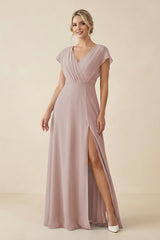 V-Neck Cap Sleeve Chiffon Bridesmaid Dress with Cut-out Back in Toffee | KISSBRIDAL