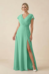 V - Neck Cap Sleeve Chiffon Bridesmaid Dress with Cut - out Back in Turquoise - KISS BRIDAL Bridesmaid Dresses