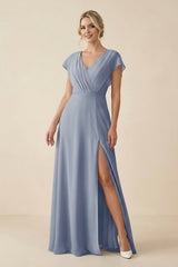 V - Neck Cap Sleeve Chiffon Bridesmaid Dress with Cut - out Back in Twilight - KISS BRIDAL Bridesmaid Dresses