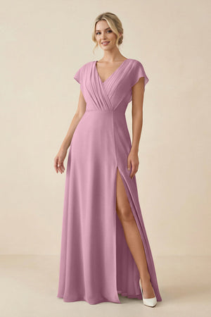 V - Neck Cap Sleeve Chiffon Bridesmaid Dress with Cut - out Back in Vintage Mauve - SHE IS ME Bridesmaid Dresses