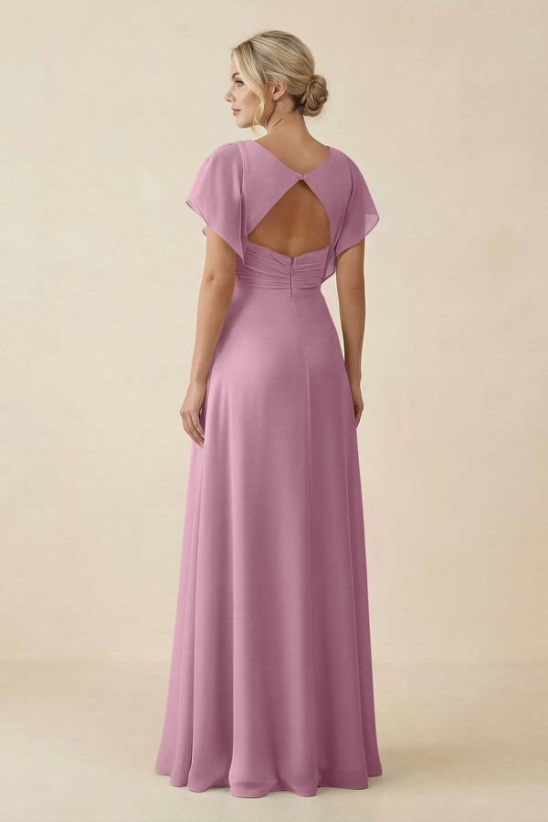 V - Neck Cap Sleeve Chiffon Bridesmaid Dress with Cut - out Back in Vintage Mauve - SHE IS ME Bridesmaid Dresses