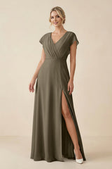V - Neck Cap Sleeve Chiffon Bridesmaid Dress with Cut - out Back in Willow Green - KISS BRIDAL Bridesmaid Dresses